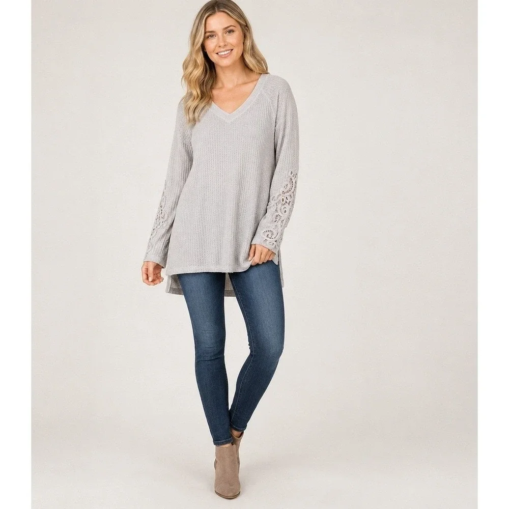 Soft Surroundings Thermal Waffle Knit Top Womens Small White‎ Crochet Sleeve